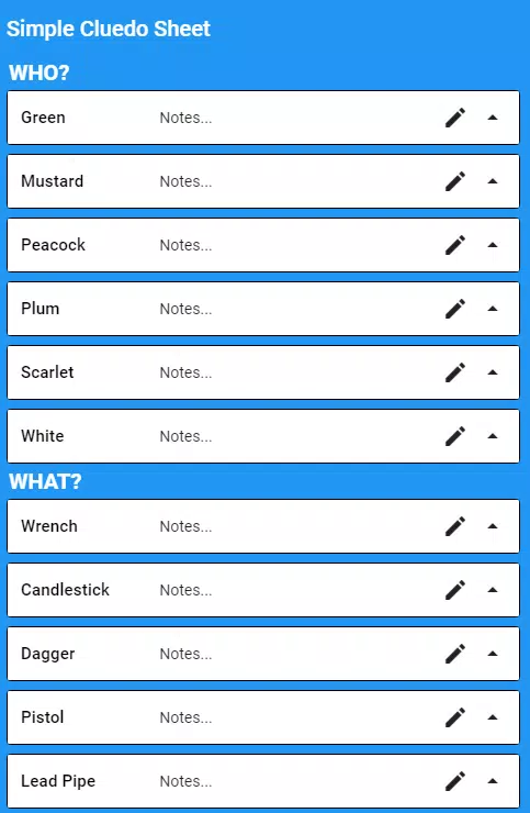 Simple Clue Sheet (Cluedo) Screenshot1